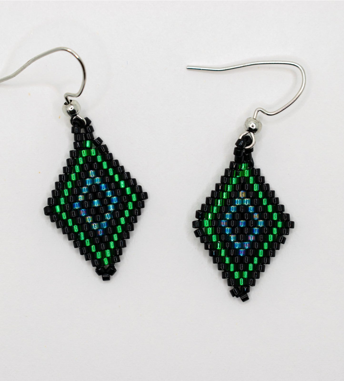 Iridescent Blue & Emerald Green Diamond Shaped Beaded Earrings