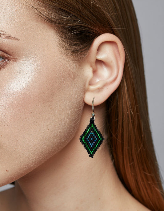 Iridescent Blue & Emerald Green Diamond Shaped Beaded Earrings