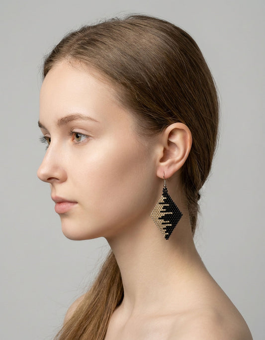 Black & Silver Monochrome Waves Diamond Shaped Beaded Earrings