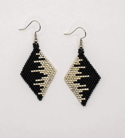 Black & Silver Monochrome Waves Diamond Shaped Beaded Earrings