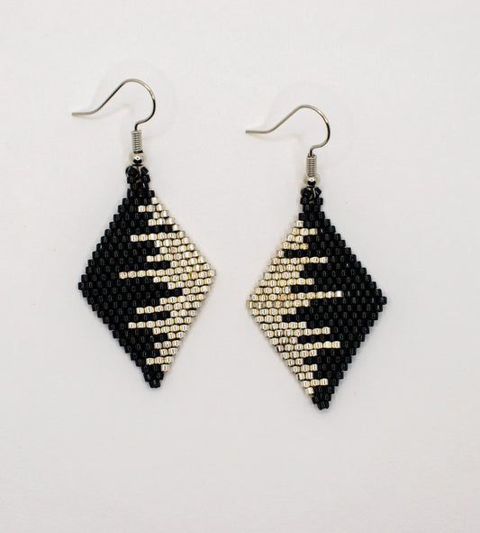 Black & Silver Monochrome Waves Diamond Shaped Beaded Earrings