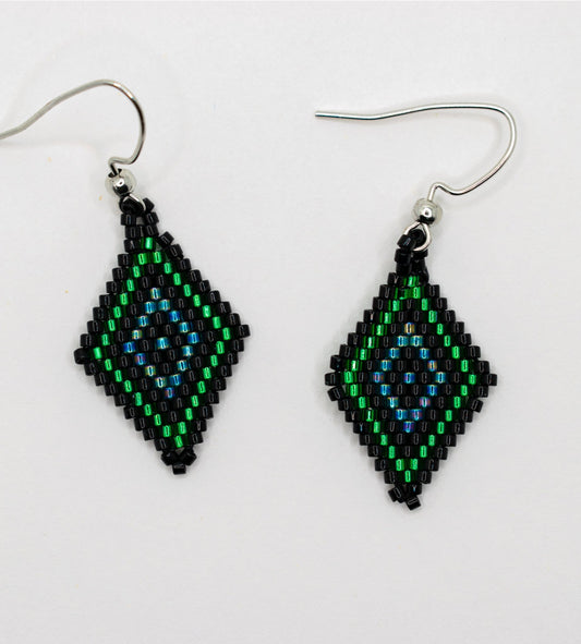 Iridescent Blue & Emerald Green Diamond Shaped Beaded Earrings
