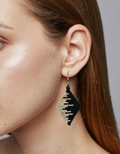Black & Silver Monochrome Waves Diamond Shaped Beaded Earrings